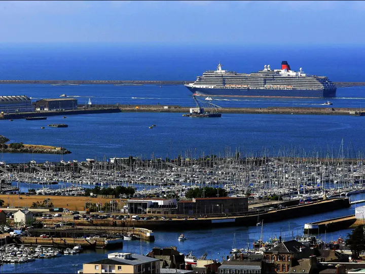 Cherbourg harbor with a cruise ship and the marina