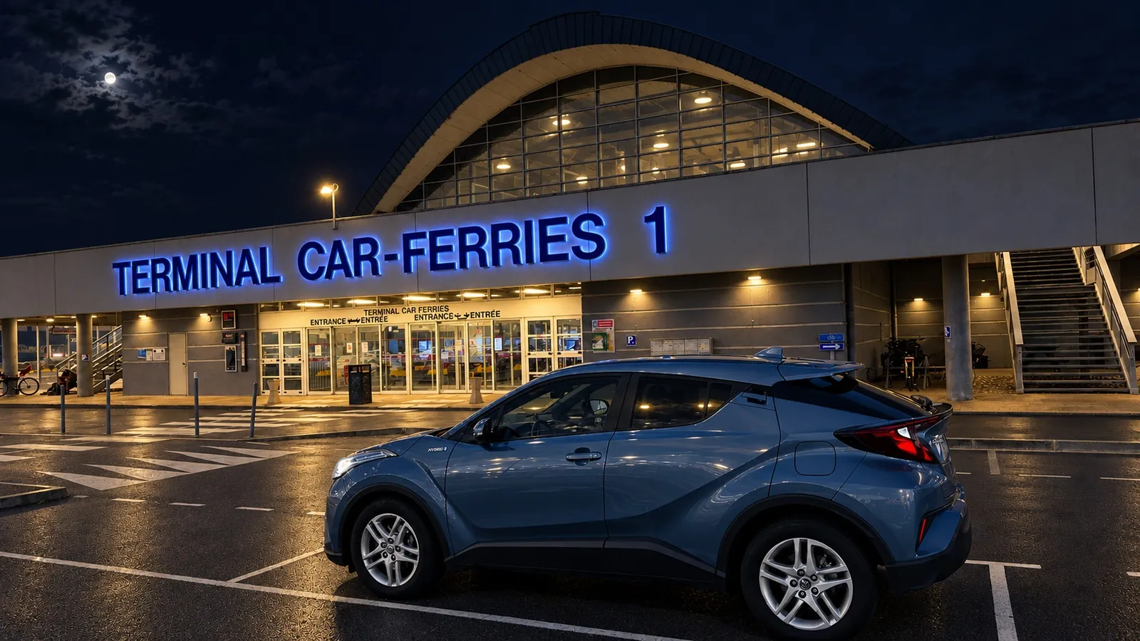 Celia VTC's Toyota C-HR by the ferry terminal at night
