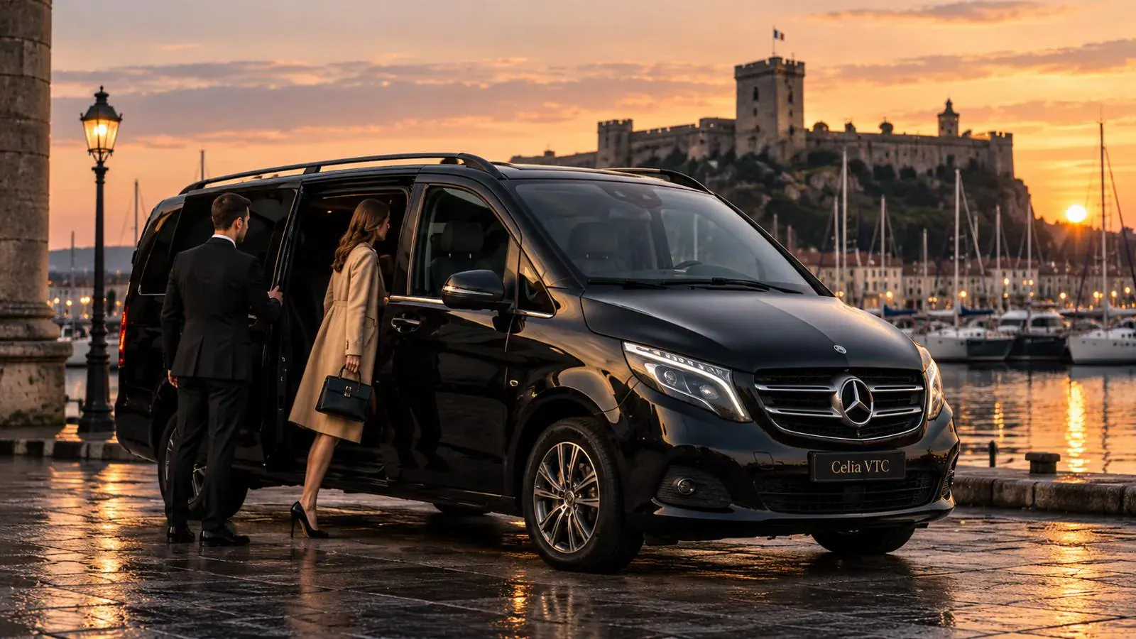 Mercedes Vito noir de Celia VTC au port de Cherbourg au coucher du soleil