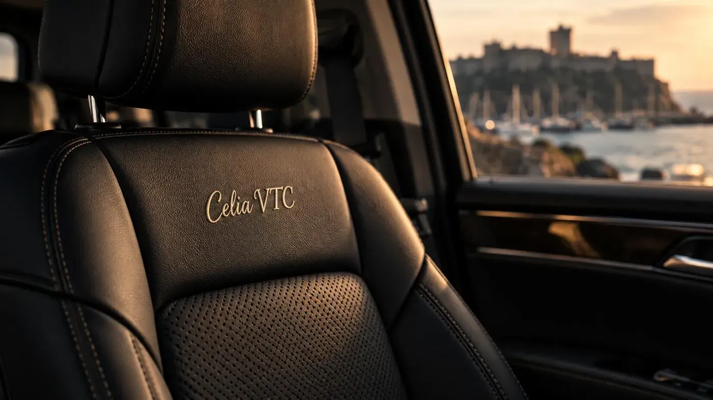 Intérieur cuir du véhicule Celia VTC avec logo brodé sur l'appuie-tête